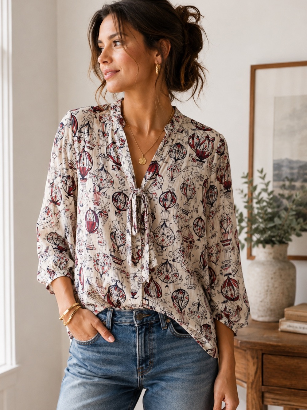 Anthropologie Conversations Hot Air Balloon Print Tie Neck Blouse XS